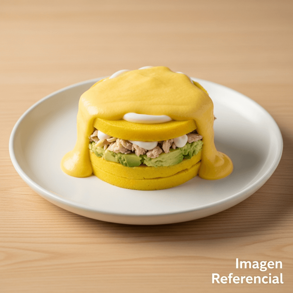 CAUSA LIMEÑA RELLENA DE POLLO EN SALSA A LA HUANCAÍNA