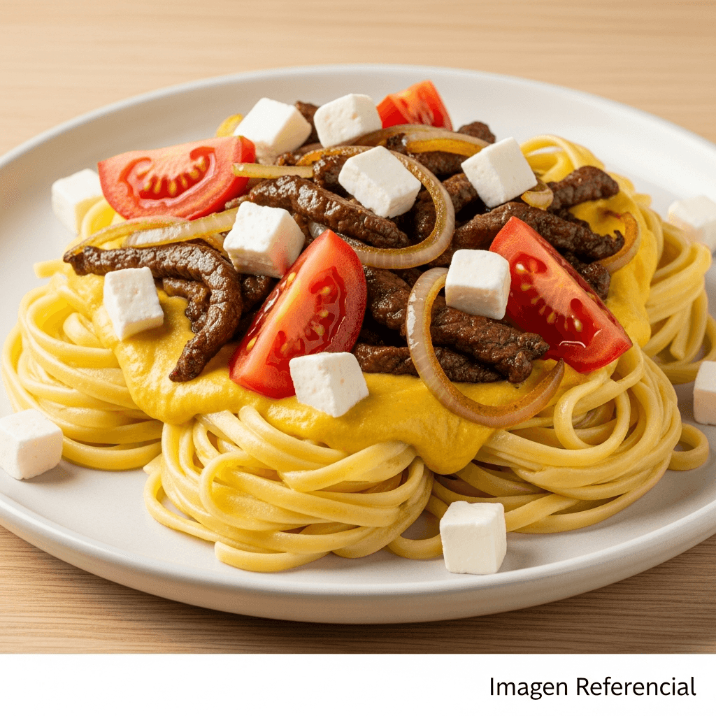 FETUCCINI A LA HUANCAINA CON LOMO SALTADO